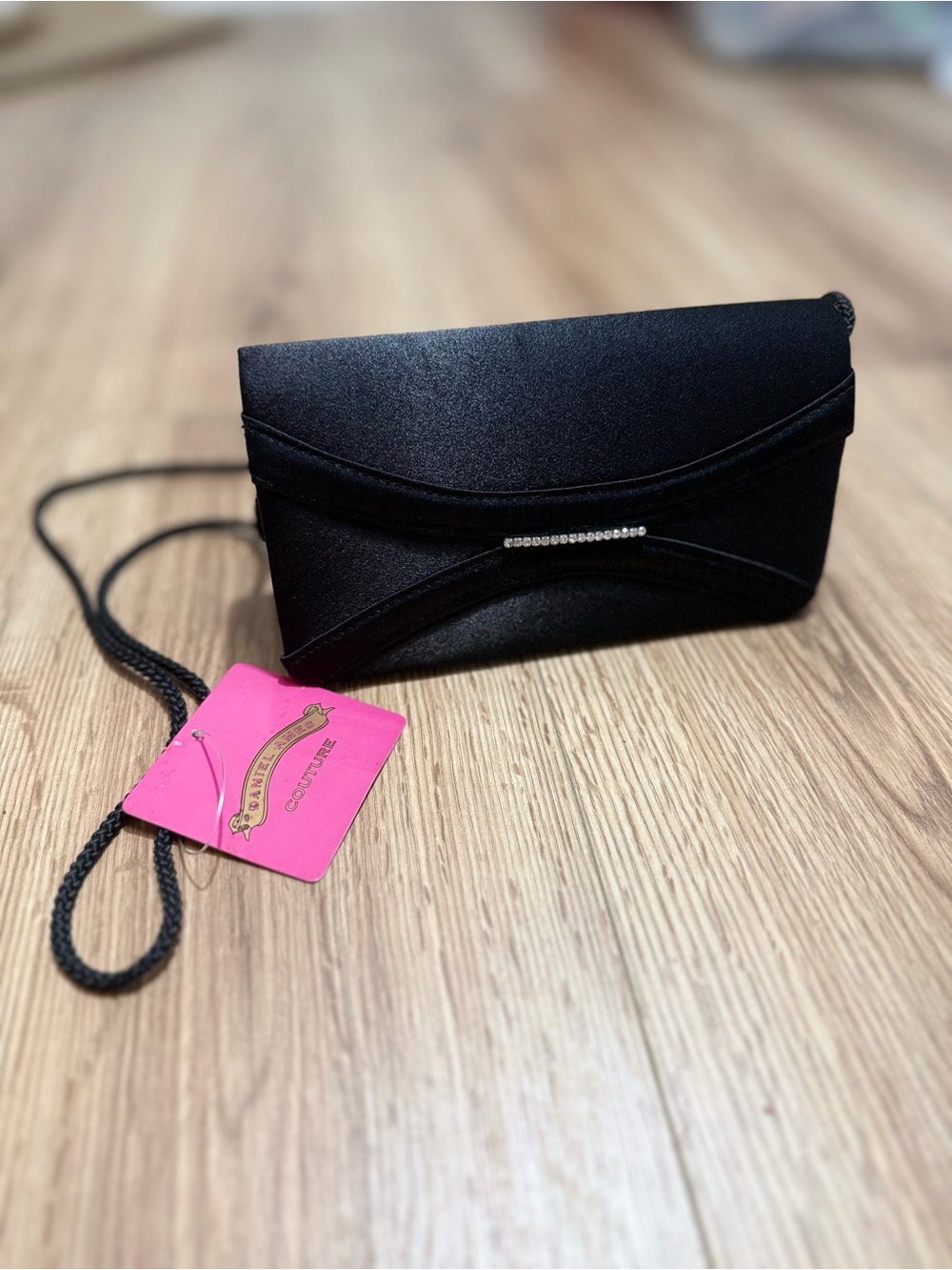 Daniel Ames Couture Womens Black Satin Evening Clutch Rhinestone Bar NWT